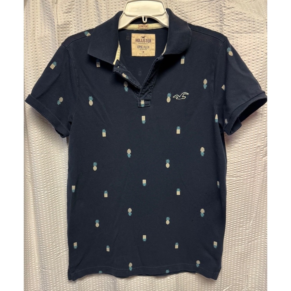 Hollister Epic Flex Stretch Cotton Blend Polo Men's SZ Med Pineapples Navy